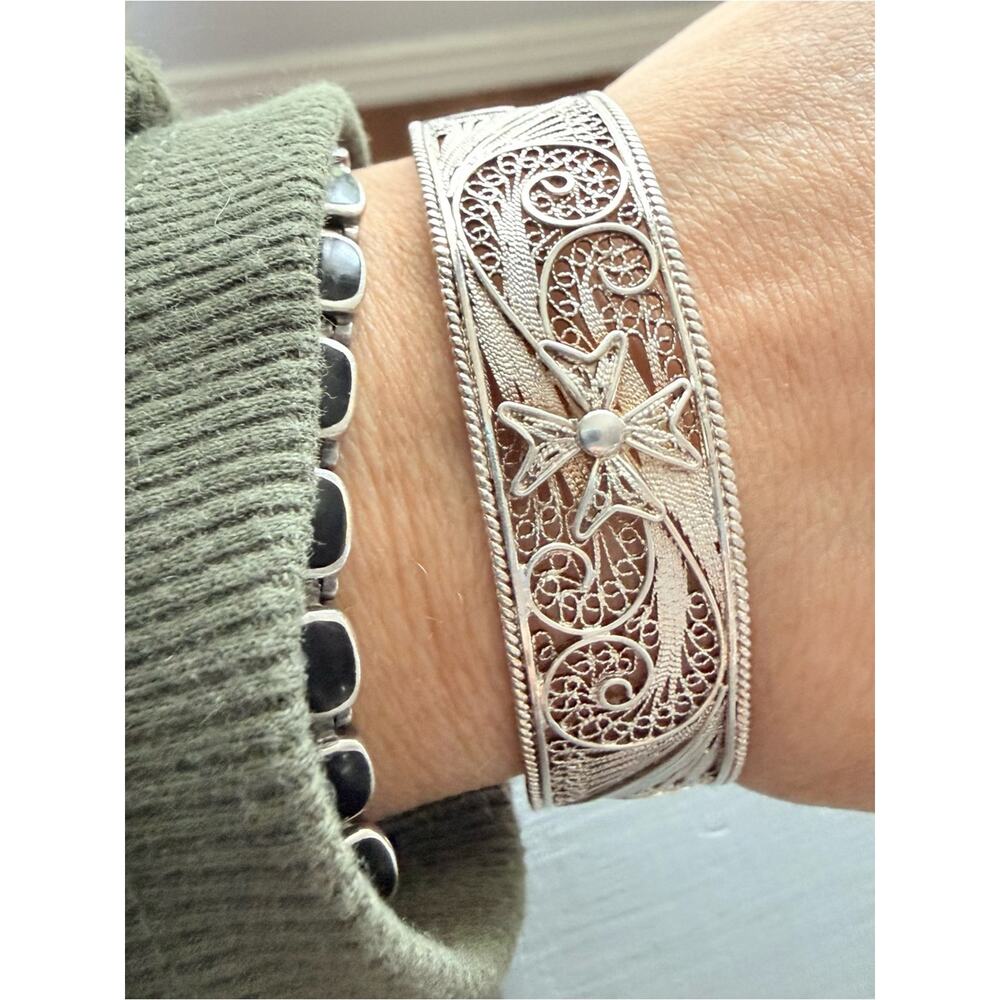 925 Sterling Silver Cuff Maltese cross filigree cuff bracelet - Picture 5 of 13